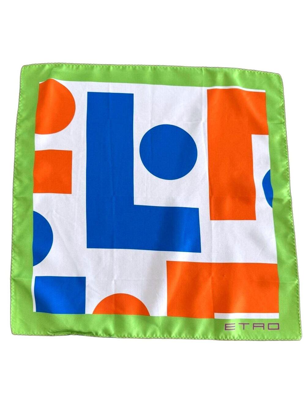 ETRO Silk Square Scarf Geometric Print Green Blue Orange White 2015 Milan-Italia